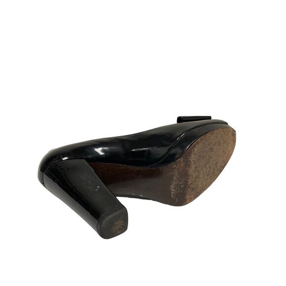STUART WEITZMAN Black Leather Patent Bow Accent Peep Toe Block Heel Pumps 7.5 - Picture 7 of 7